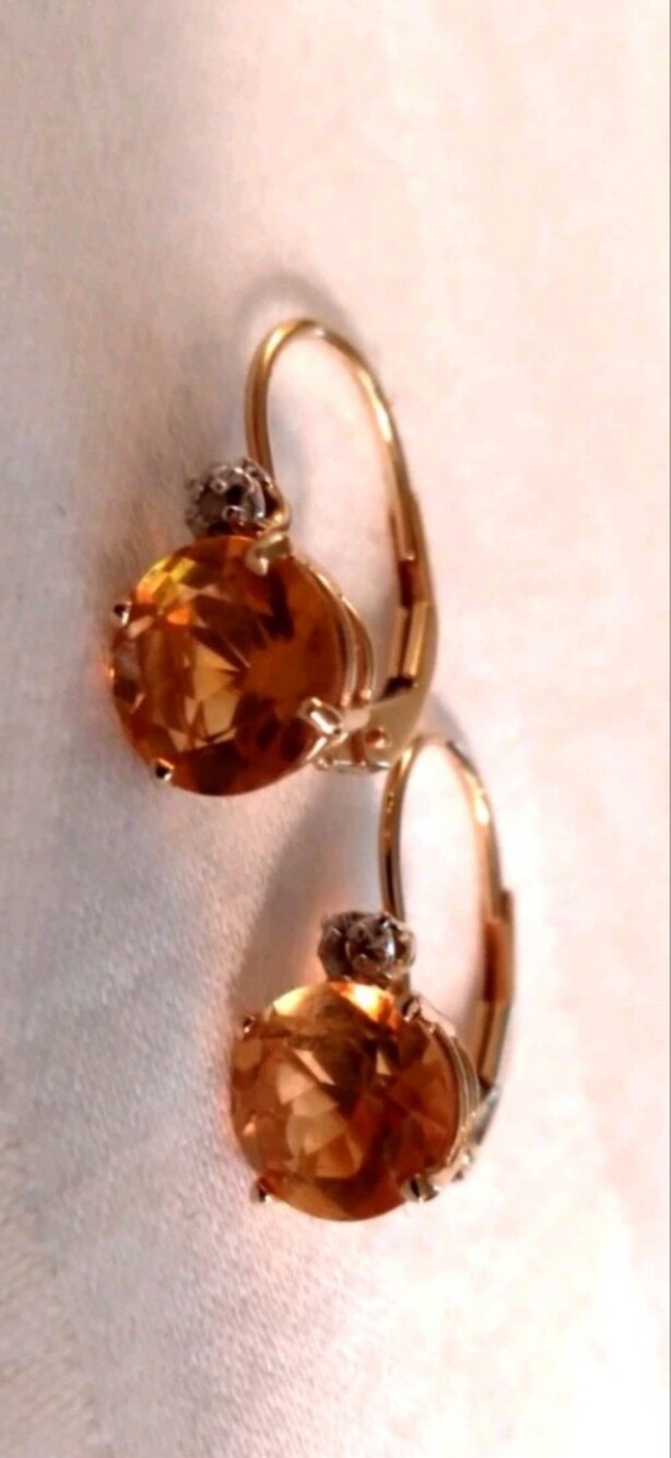 14kt Gold Leverback Earrings with Maderia Citrine + DIAMONDS - Picture 5 of 15